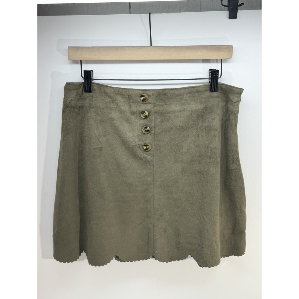 Fashion on Earth L Olive Faux Suede  Skirt Scalloped Buttons Womens Cottage Core